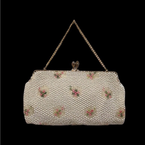 Vintage Frame Beaded Evening Bag, Ivory, Clear, Pink, Green Beading, Kiss Clasp - Picture 3 of 11
